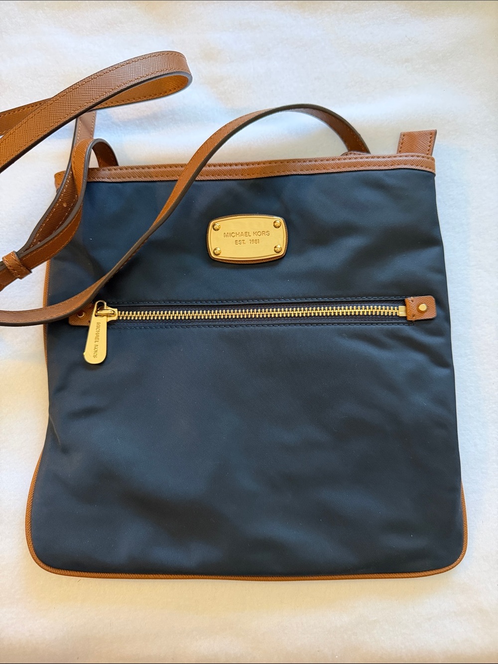 Michael Kors Navy Crossbody Tan adjustable strap Gold Hardware